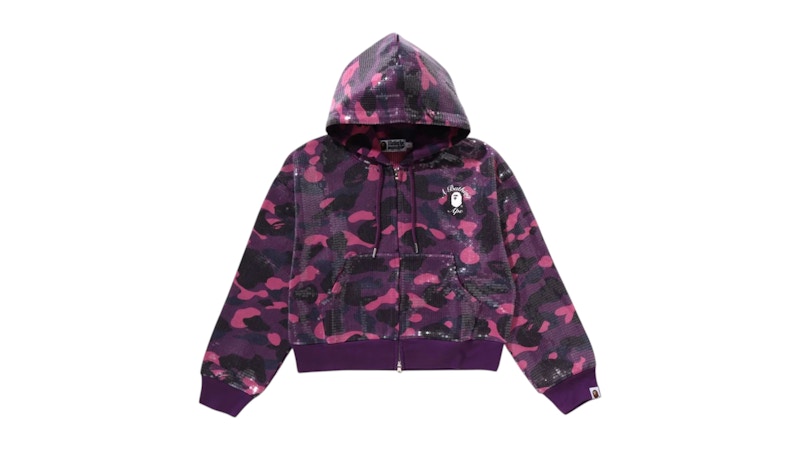BAPE Women's Color Camo Ape Head Sequin Cropped Full Zip Hoooie Purple