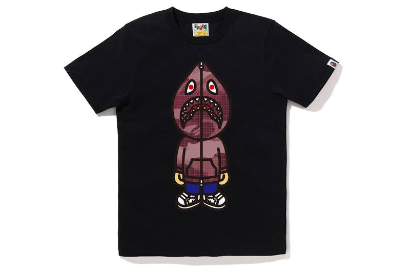 BAPE Women's Grid Camo Classic Milo Shark Tee Black Burgundy