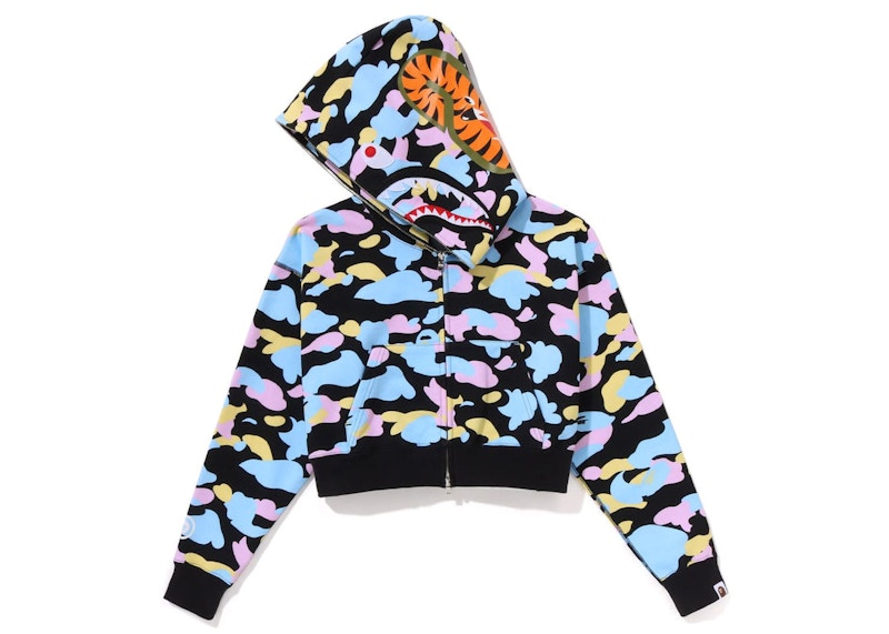 BAPE Womens New Multi Camo Cropped Shark Full Zip Hoodie Black