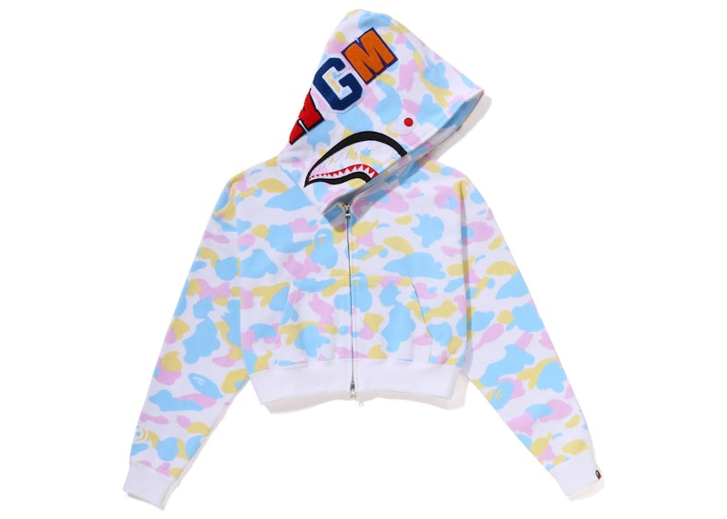 BAPE Womens New Multi Camo Cropped Shark Full Zip Hoodie White