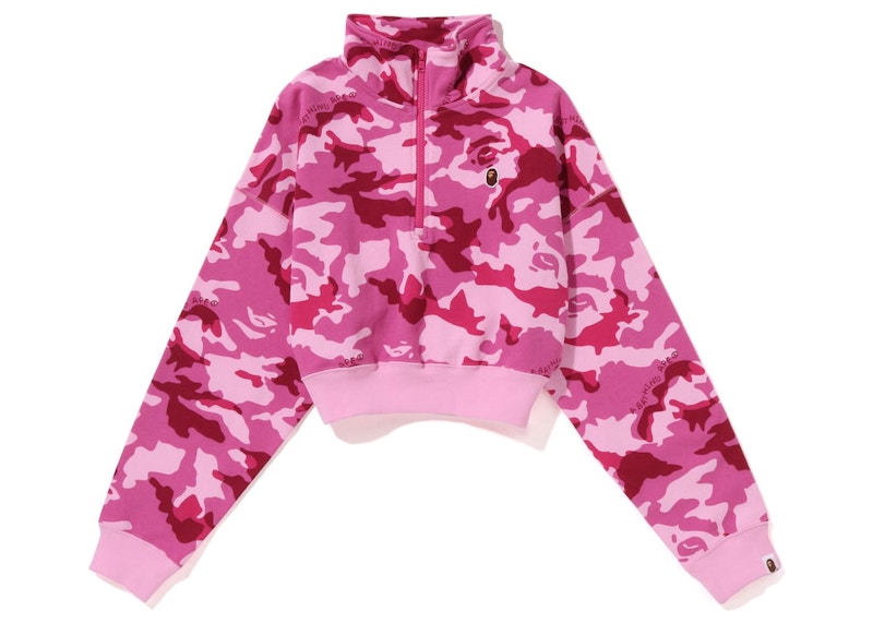 BAPE Women's Woodland Camo Cropped Half Zip Sweater Pink