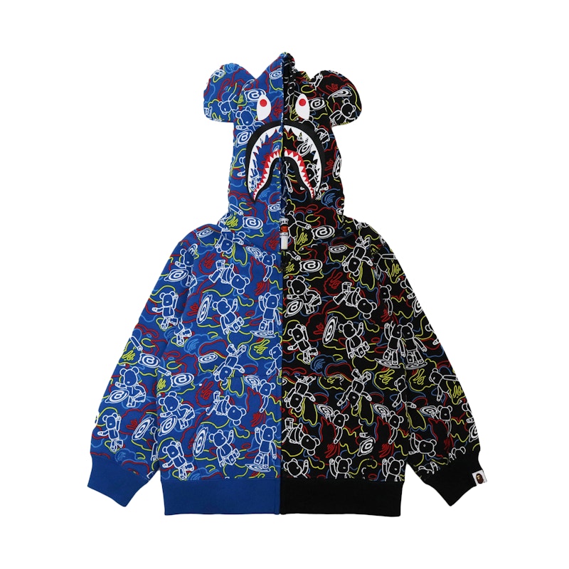 BAPE x Bearbrick Camo Bear Shark Full Zip Kids Hoodie Black Blue