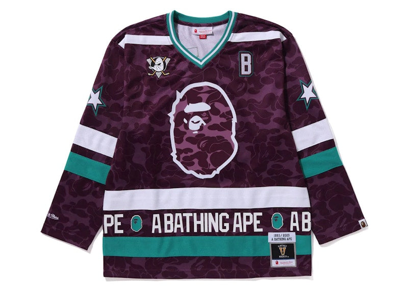 BAPE x Mitchell & Ness NHL Anaheim Ducks Mesh Hockey Jersey L/S Tee Purple