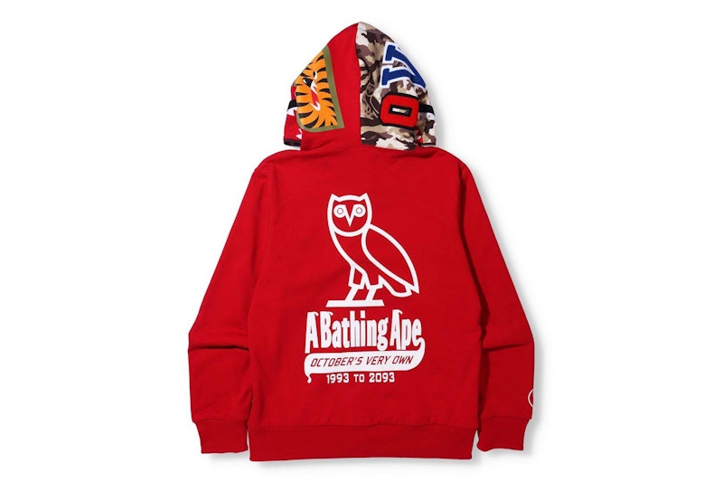 BAPE x OVO Woodland Camo Shark Reversible Full Zip Hoodie Red