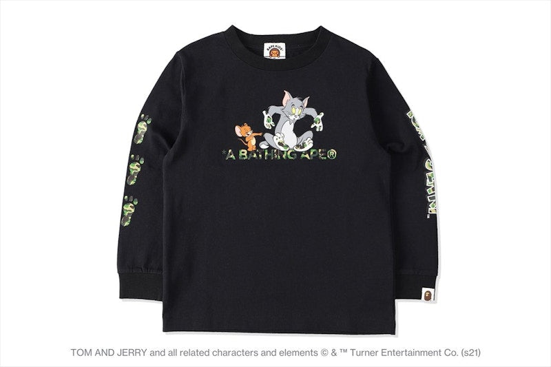BAPE x Tom and Jerry Footprints Kids L/S Tee Black