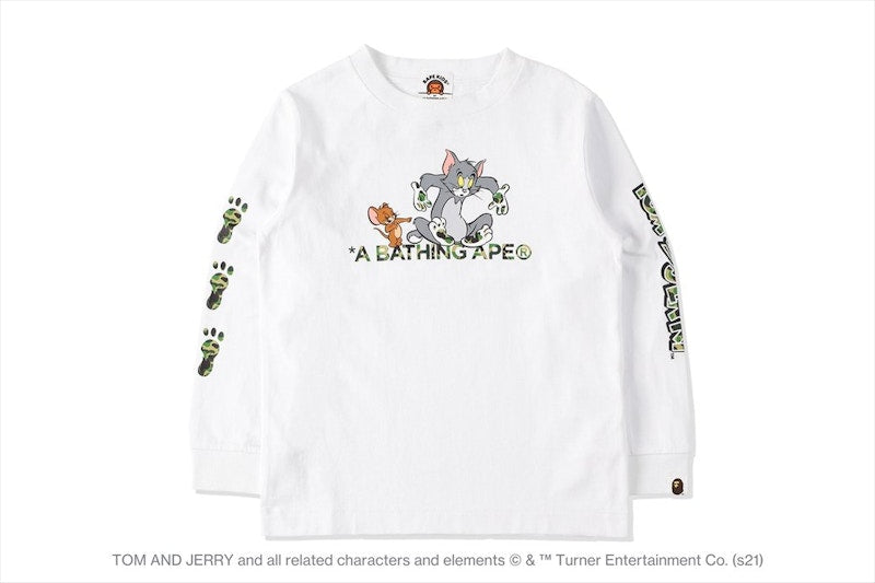 BAPE x Tom and Jerry Footprints Kids L/S Tee White