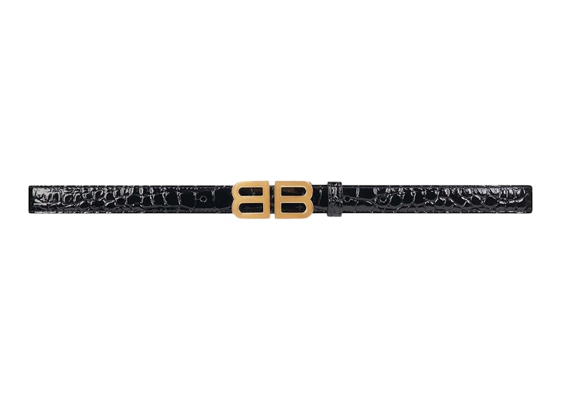 Balenciaga BB Hourglass Crocodile Embossed Thin Belt Black