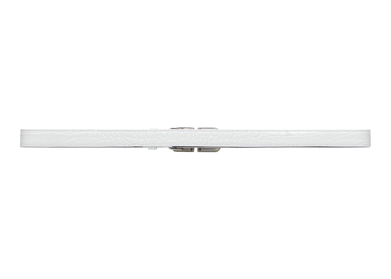 Balenciaga BB Hourglass Thin Belt In Crocodile Embossed With Rhinestones Optic White