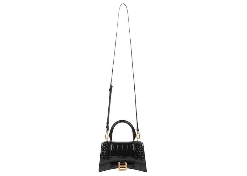 Balenciaga Crocodile Embossed Hourglass Top Handle XS Black