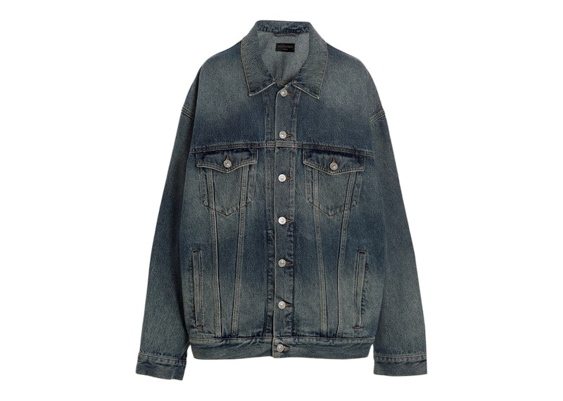Balenciaga Denim Oversized Censored Logo Embroidery Patch Jacket Blue