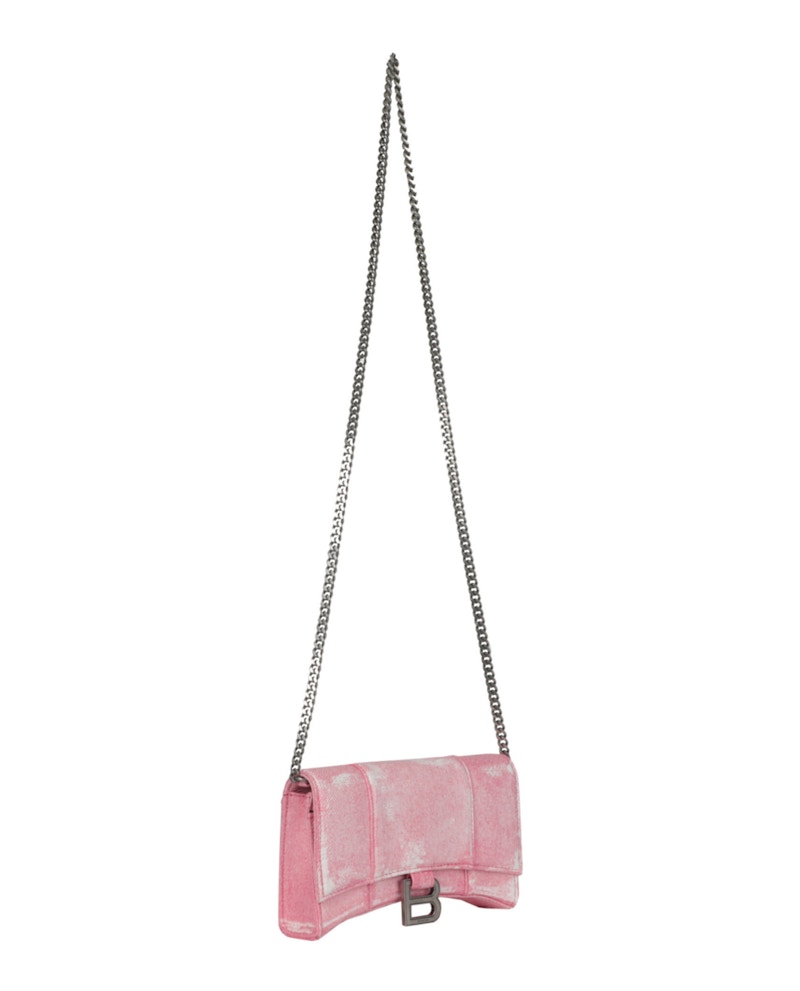 Balenciaga Denim Print Hourglass Wallet On A Chain Pink