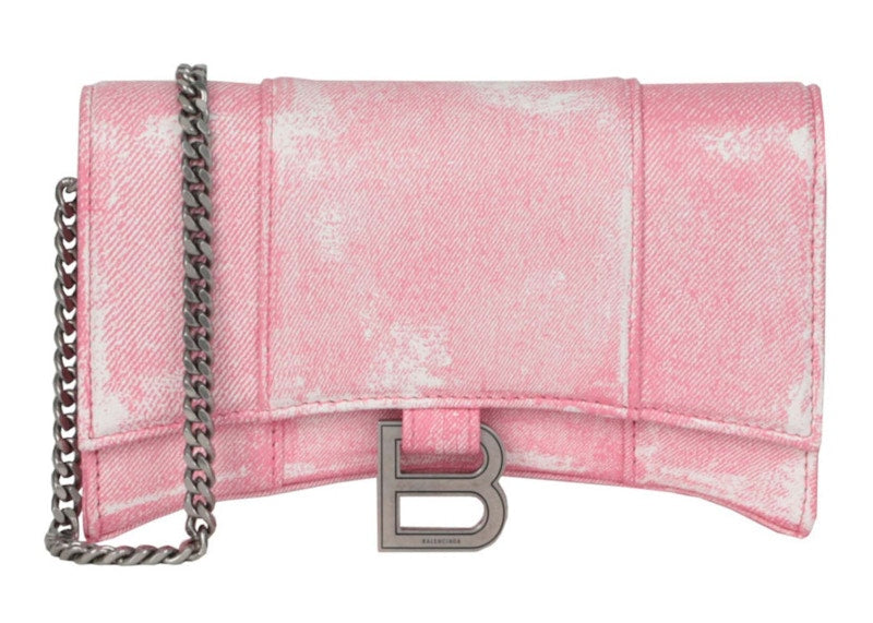Balenciaga Denim Print Hourglass Wallet On A Chain Pink