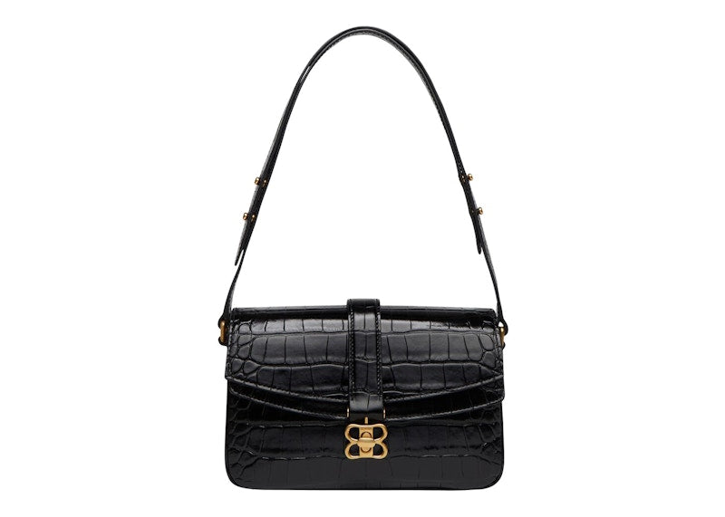 Balenciaga Flap Shoulder Bag Small Crocodile Embossed Black
