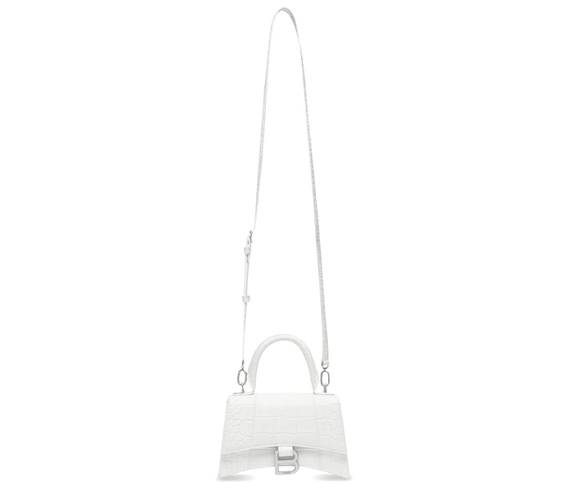 Balenciaga Hourglass Crocodile Embossed Top Handle Bag XS White