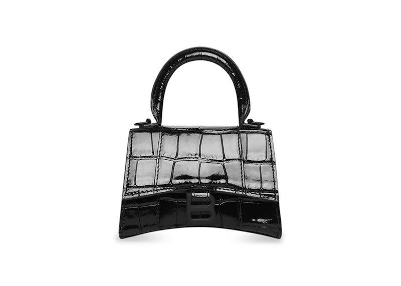 Balenciaga Hourglass Top-Handle Bag Mini Croc Embossed Black