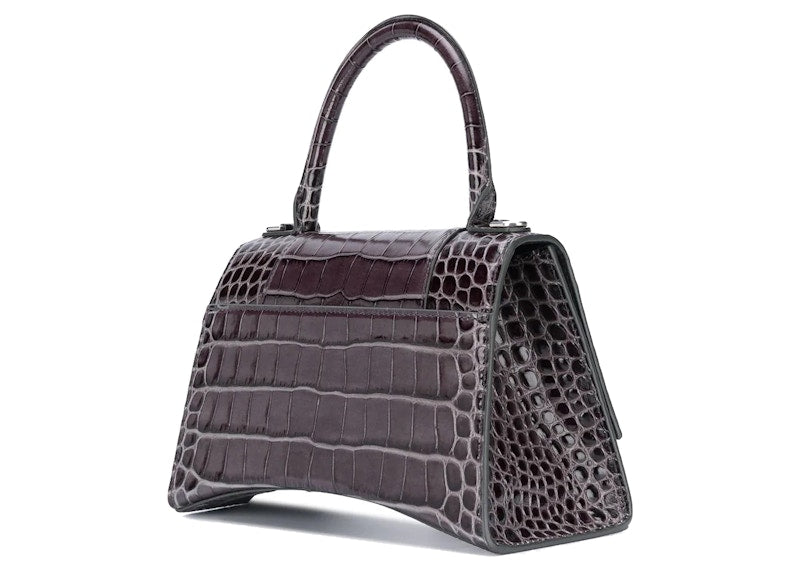 Balenciaga Hourglass Top Handle Bag Small Crocodile Embossed Grey