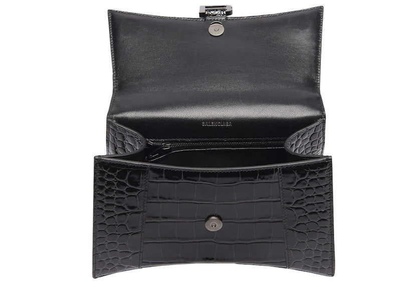 Balenciaga Hourglass Top Handle Crocodile Embossed XS Black