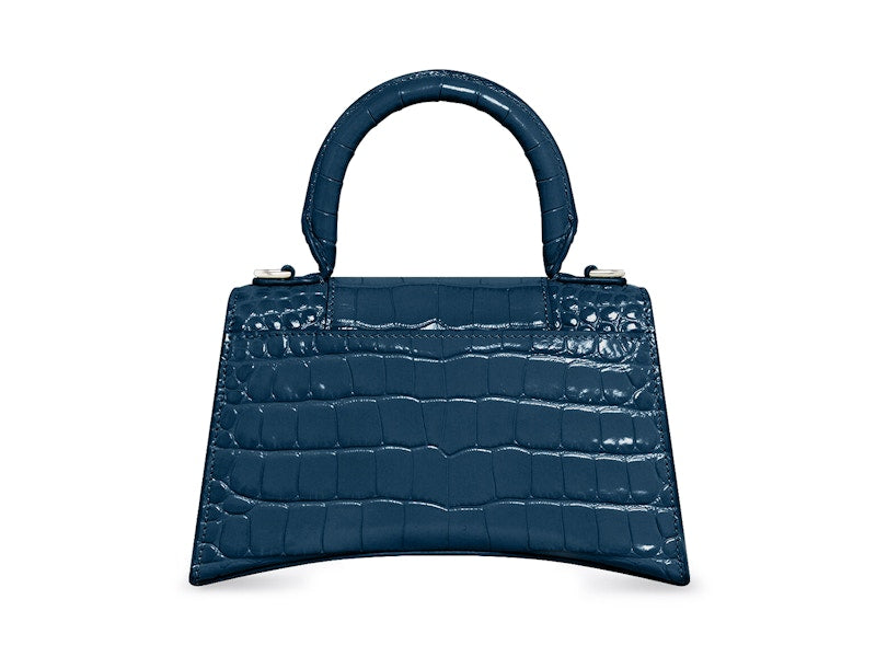 Balenciaga Hourglass Top Handle Small Crocodile Embossed Dark Blue