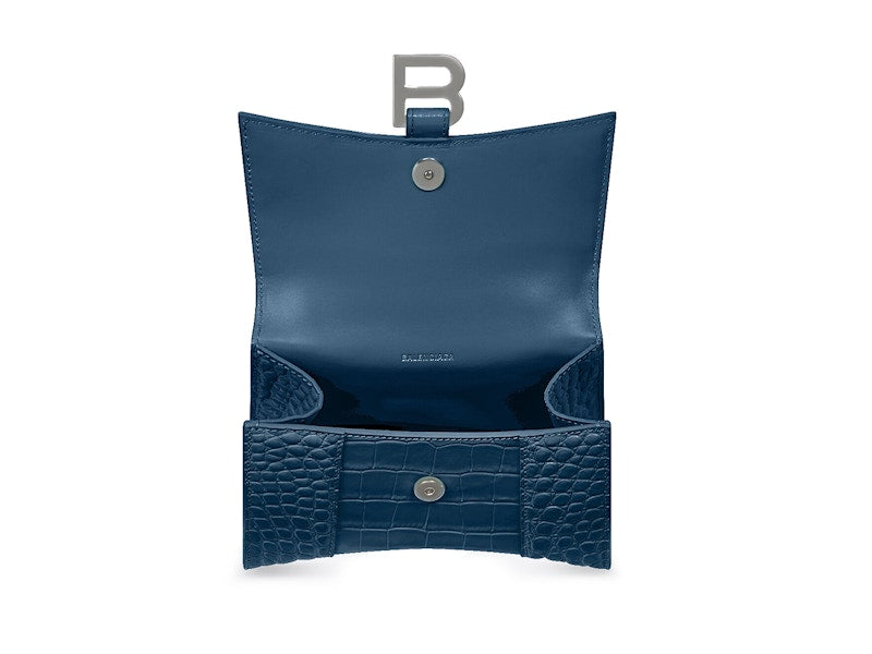 Balenciaga Hourglass Top Handle Small Crocodile Embossed Dark Blue