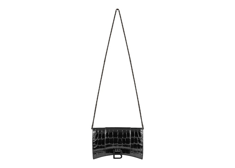Balenciaga Hourglass Wallet On Chain Crocodile Embossed Black