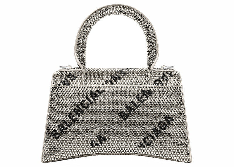 Balenciaga Hourglass XS Handbag With Chain and Allover Logo Rhinestones Black