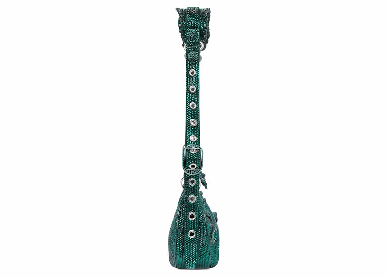 Balenciaga Le Cagole Shoulder Bag XS Green Suede with Rhinestones