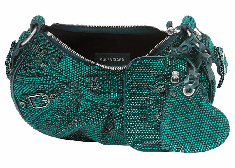 Balenciaga Le Cagole Shoulder Bag XS Green Suede with Rhinestones