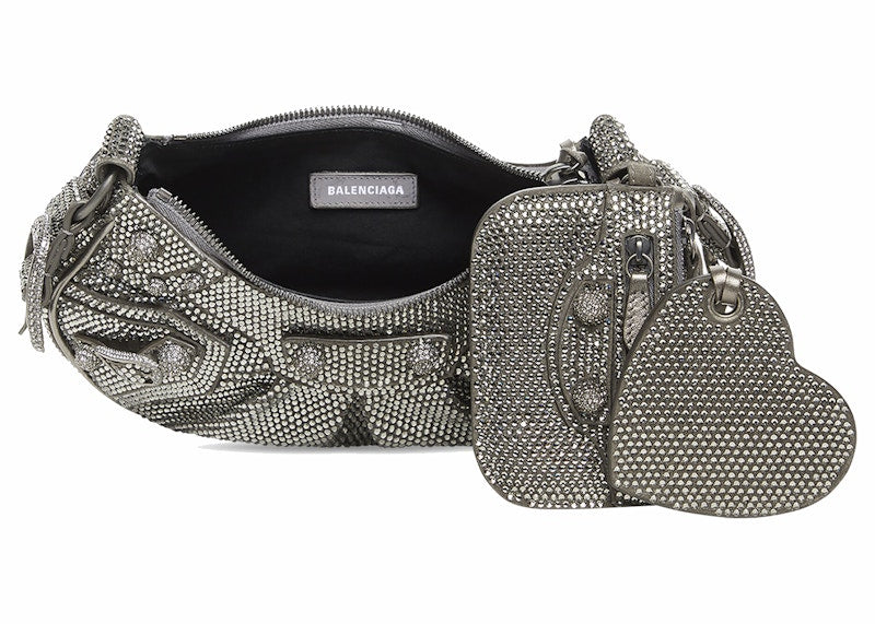 Balenciaga Le Cagole Shoulder Bag XS Dark Grey Suede with Rhinestones