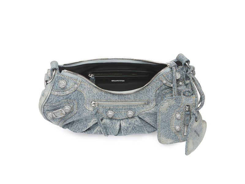 Balenciaga Le Cagole Shoulder Bag Small Blue Denim Wash with Rhinestones