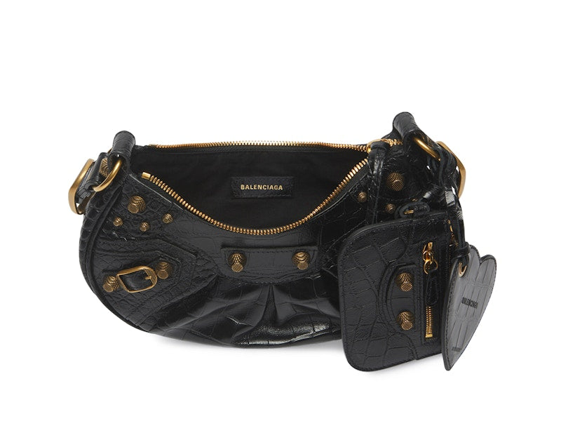 Balenciaga Le Cagole Shoulder Bag XS Crocodile Embossed Black
