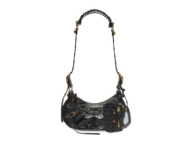Balenciaga Le Cagole Shoulder Bag XS Crocodile Embossed Black