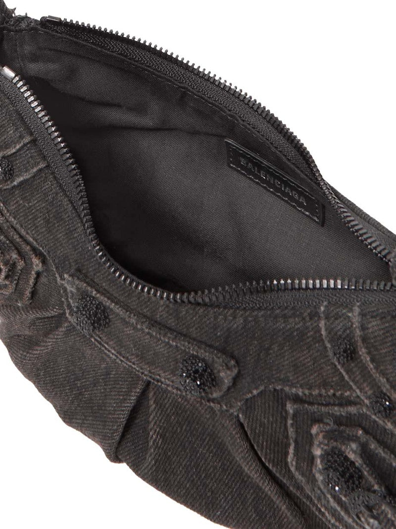 Balenciaga Le Cagole Small Embellished Denim Shoulder Bag Black Denim