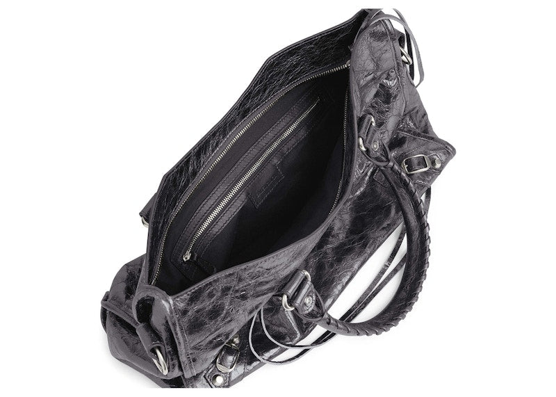 Balenciaga Le City Medium Bag In Steel Grey Metallized Arena Lambskin Shiny Silver Hardware Steel Grey (7977862AA9R1314)