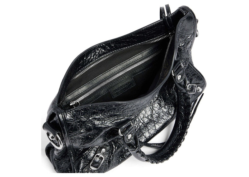 Balenciaga Le City Small Bag In Black Arena Lambskin Shiny Silver Hardware Black (8114422AA9S1000)