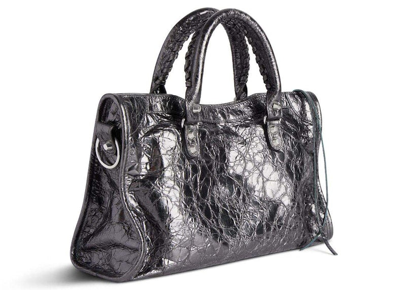 Balenciaga Le City Small Bag In Steel Grey Metallized Arena Lambskin Shiny Silver Hardware Steel Grey (7977892AA9R1314)