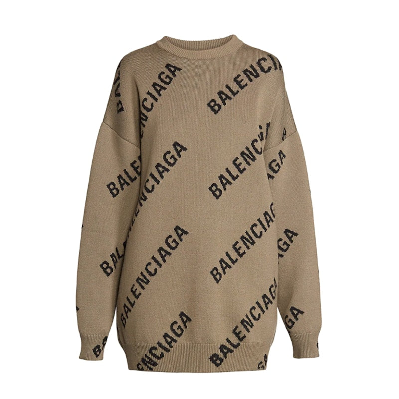 Balenciaga Logo Intarsia Oversize Crewneck Womens Sweater Light Brown