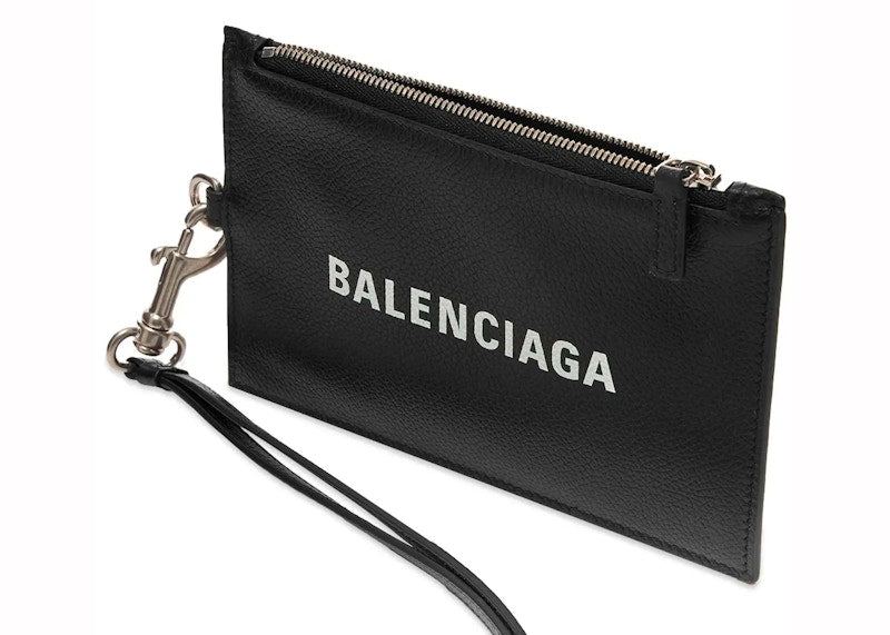 Balenciaga Logo Leather Passport Holder Lanyard Black
