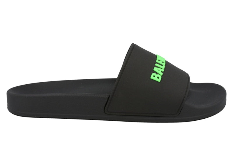 Balenciaga Logo Pool Slides Black Fluo Green