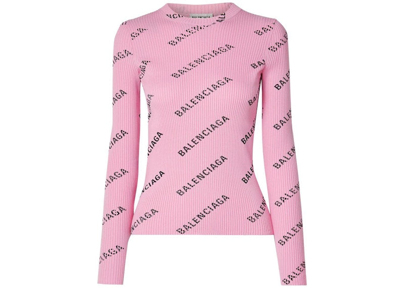 Balenciaga Printed Ribbed Knit Sweater Pink