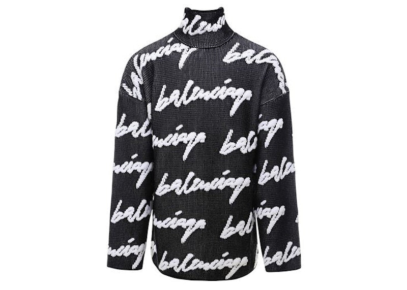 Balenciaga Scribble Logo Turtleneck Jersey Sweater Black/White