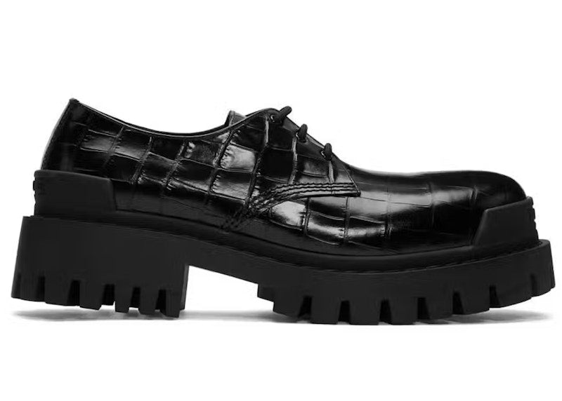 Balenciaga Strike Croc Embossed Leather Derby Black