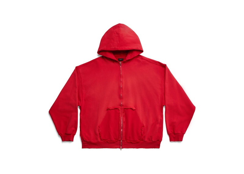 Balenciaga Tape Type Ripped Pocket Zip-Up Large Fit Hoodie Red
