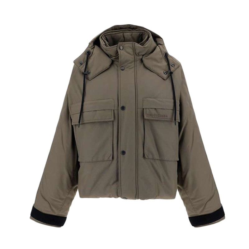 Balenciaga Women Flap Pocket Logo Nylon Parka Jacket Khaki