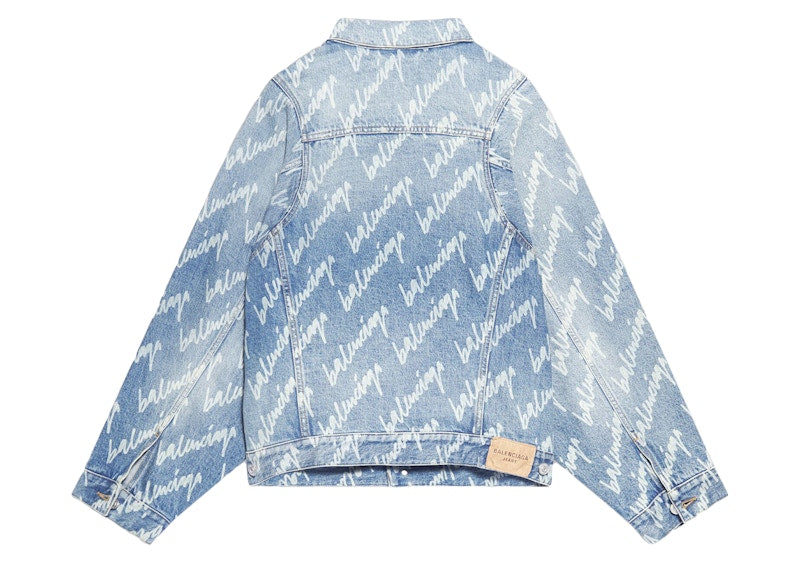 Balenciaga Womens All Over Logo Bell Sleeve Large Fit Denim Jacket Indigo/White