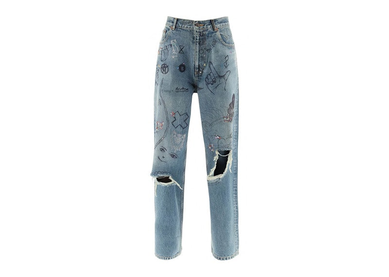 Balenciaga Women's Printed Rhinestone Wide Leg Jeans True Blue