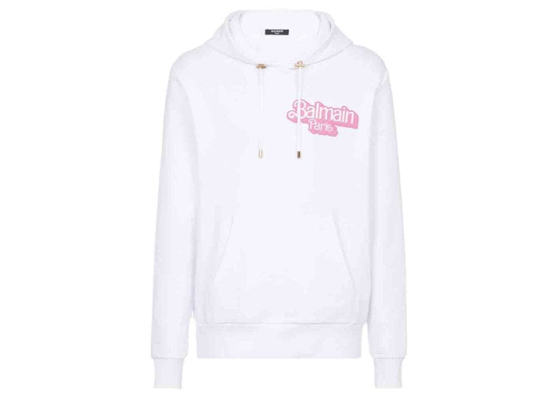 Balmain x Barbie - Cotton Sweatshirt White with Pink Balmain Logo Print