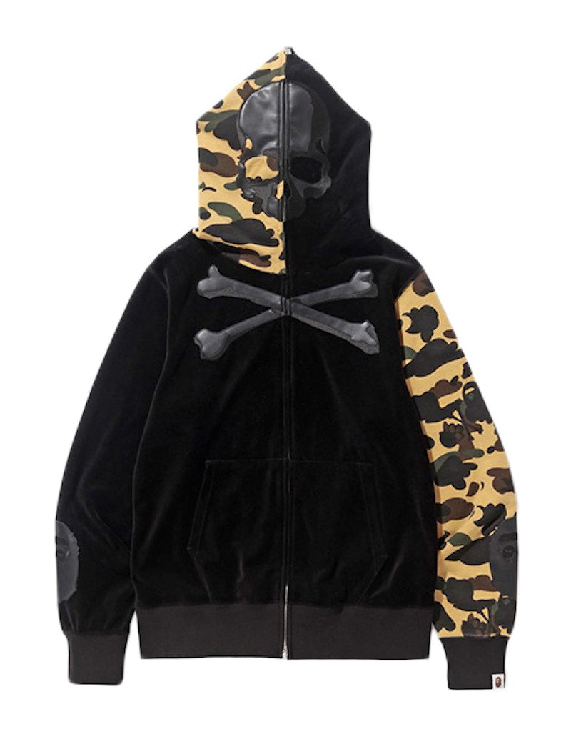 BAPE 1st Camo Leather Skull Velour Hoodie Black/Yellow