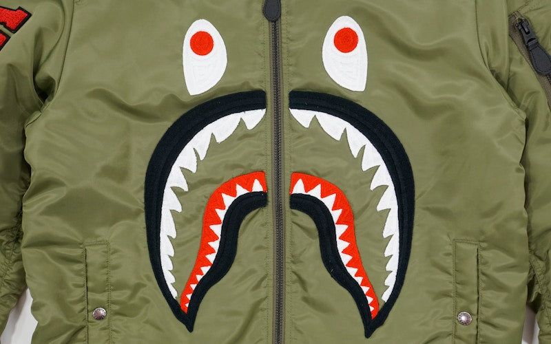 BAPE Front Facing Shark MA1 Bomber Flight Jacket Olive