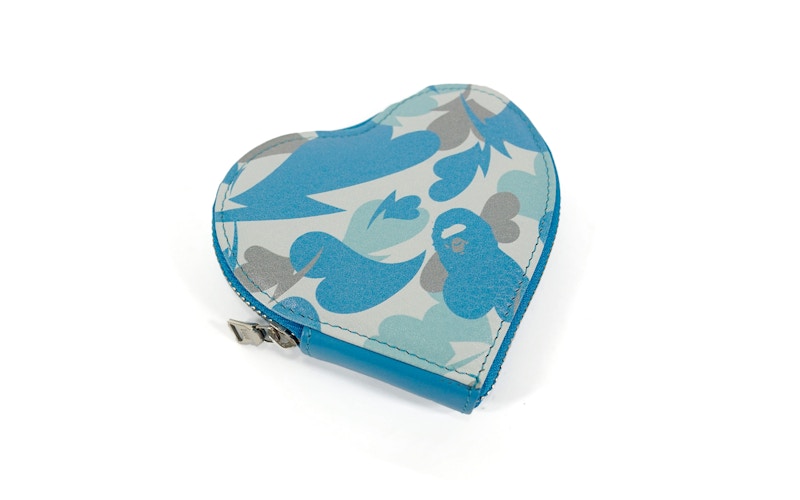 BAPE Love Camo Leather Heart Coin Pouch Light Blue