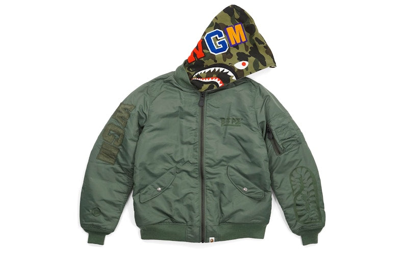 BAPE Military Rock Star 1st Camo Convertible Shark MA1 Bomber Jacket Green/Olive